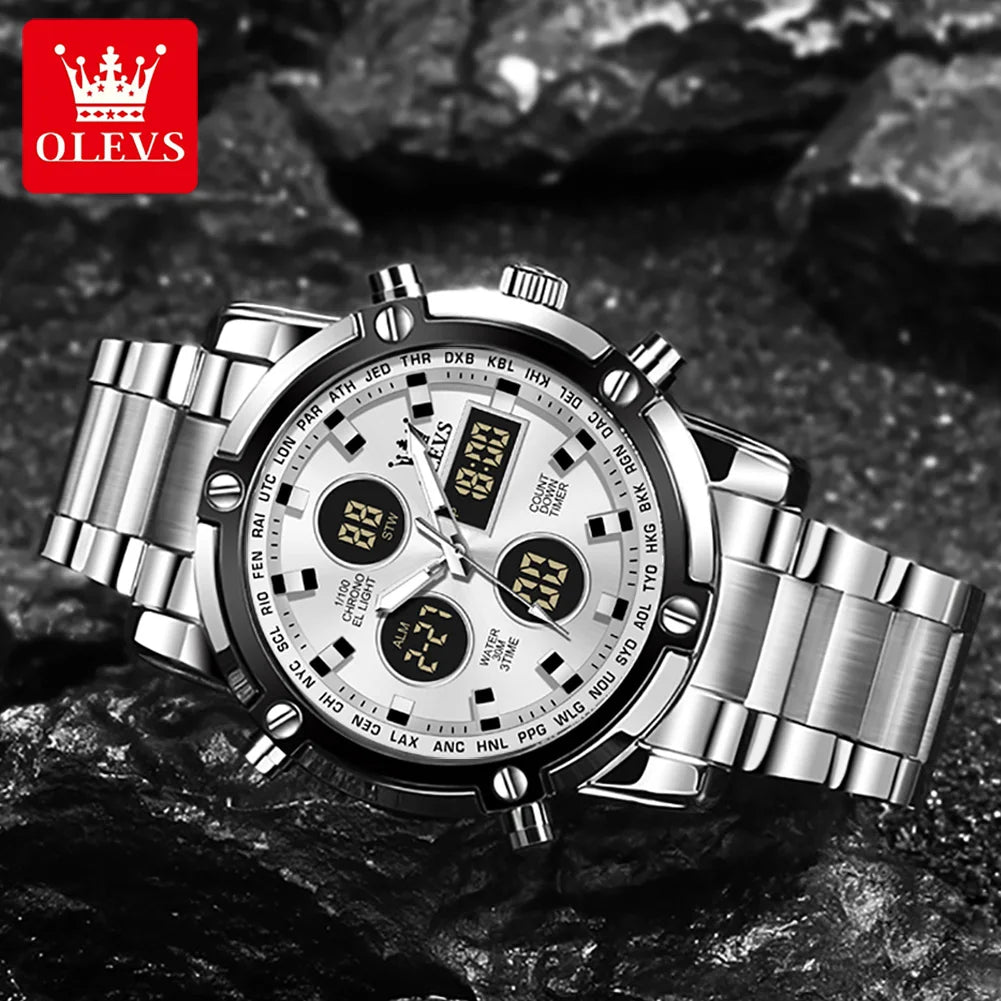 OLEVS Relógio Masculino Original Digital Quartzo Aço Inoxidável 1106 48mm