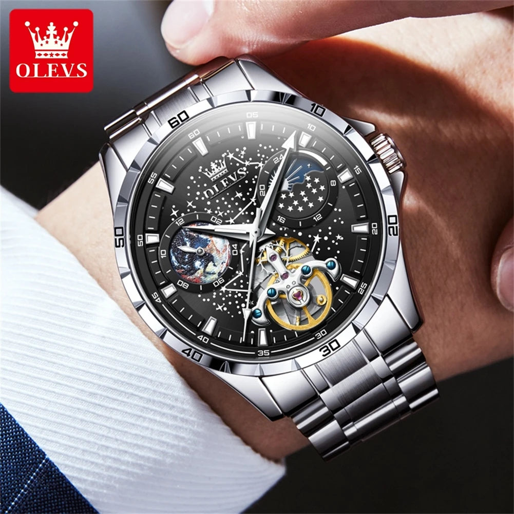 OLEVS Relógio Masculino Original Automático Céu Estrelado - Aço Inoxidável Couro 6689 42mm