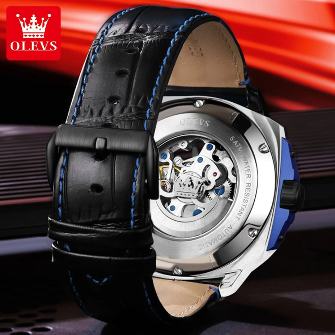 OLEVS Relógio Masculino Original Automático Esqueleto - Couro 6682 44mm