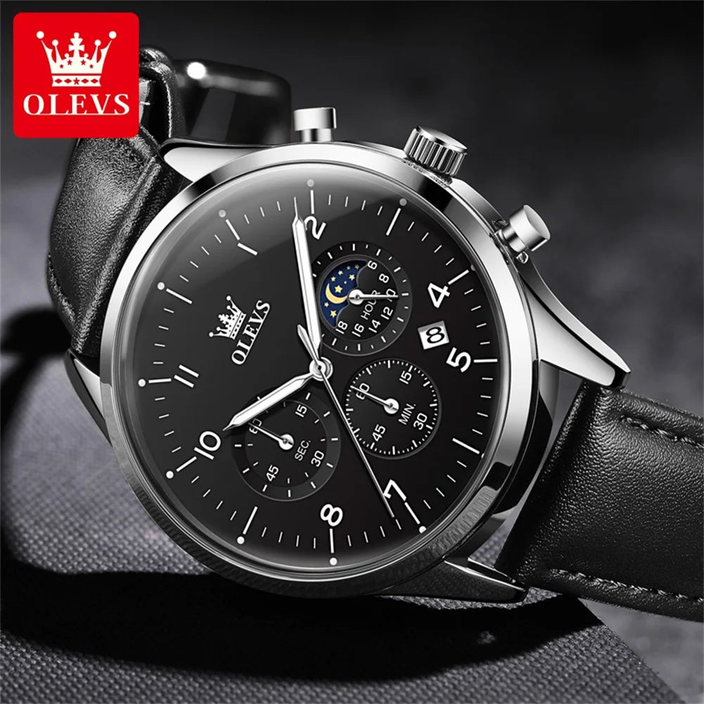 OLEVS Relógio Masculino Original Lunar Quartzo - Aço Inoxidável Couro 2882 42mm