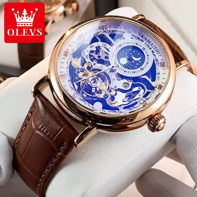 OLEVS Relógio Masculino Original Automático Esqueleto à Prova D'água - Couro 9001 44mm