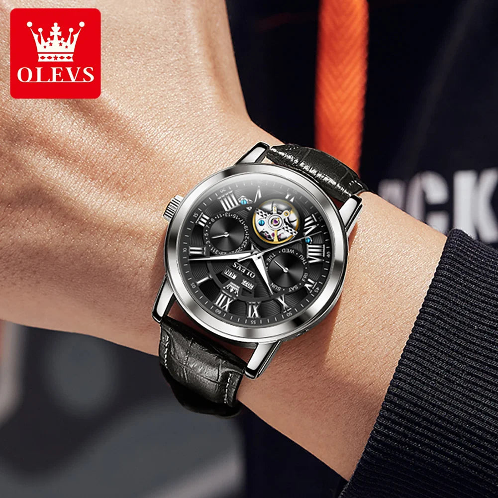 OLEVS Relógio Masculino Original Automático Esqueleto à Prova D'água - Couro 6668 42mm