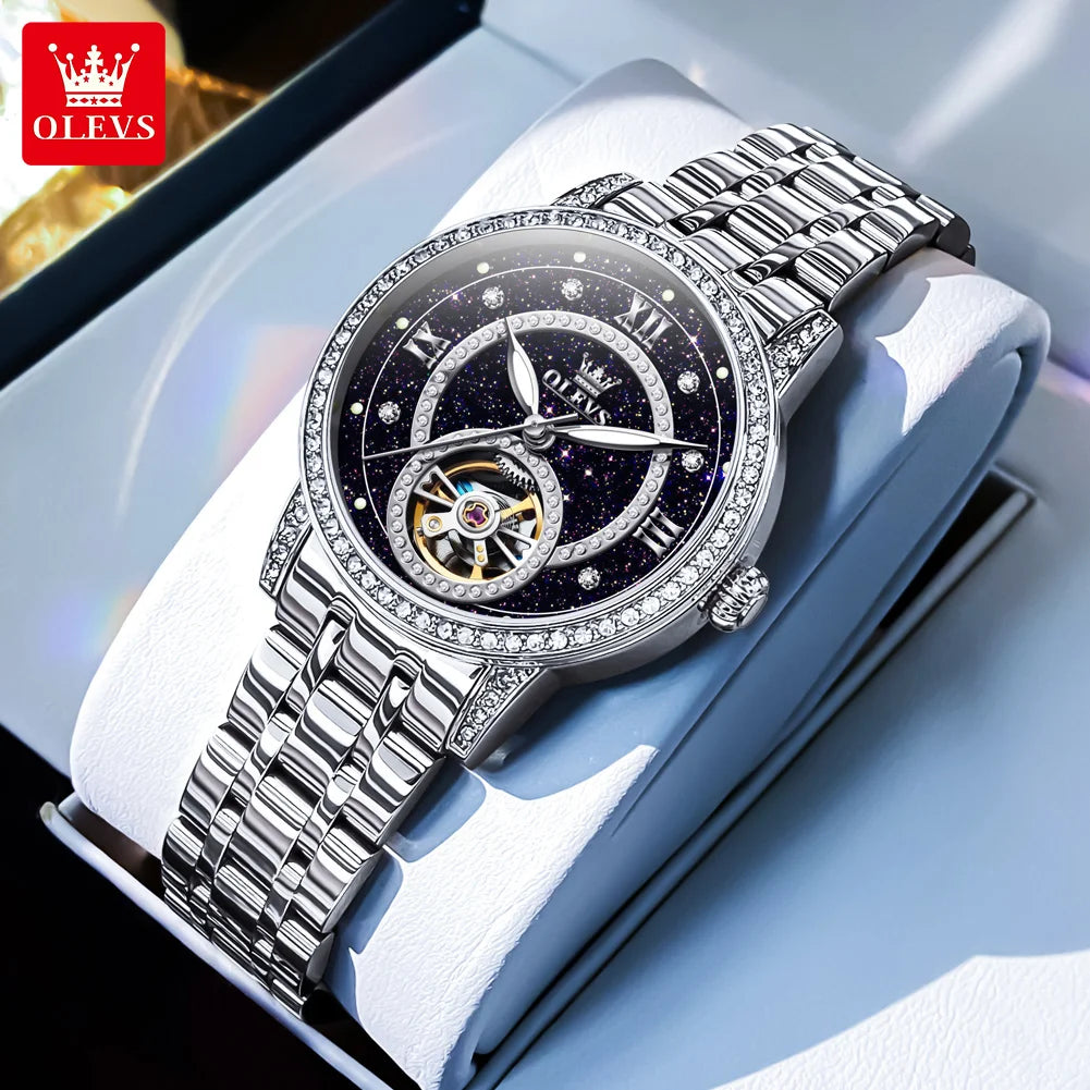Relógio Feminino OLEVS 7036 Luxo com Diamantes e Esqueleto Mecânico