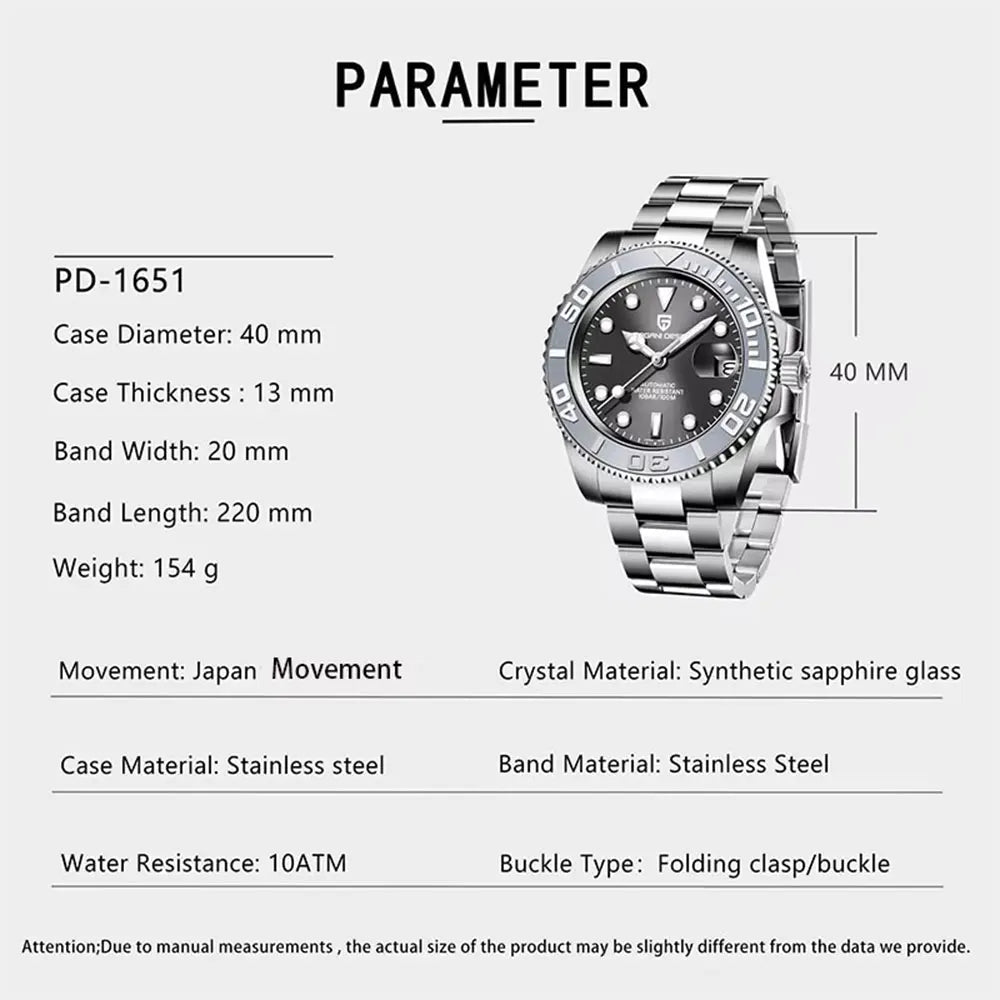 PAGANI DESIGN Relógio Masculino Automático PD-1651 V3 - Pulseira de Aço Inoxidável 40mm