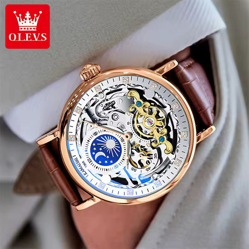 OLEVS Relógio Masculino Original Automático Esqueleto à Prova D'água - Couro 9001 44mm