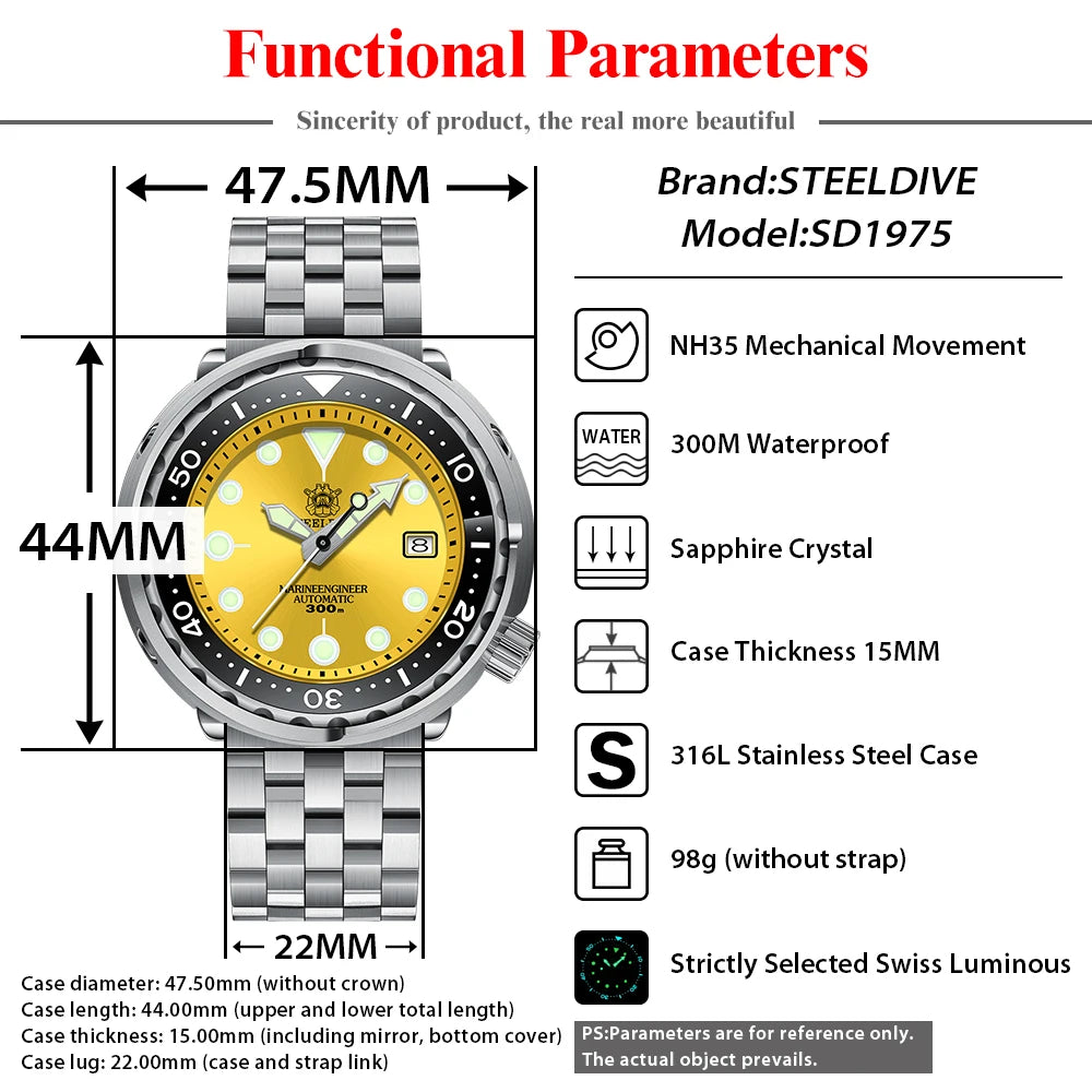 STEELDIVE Relógio Masculino Mecânico SD1975 - Pulseira de Aço Inoxidável 47.5mm