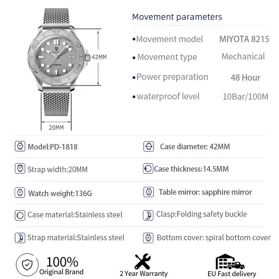 PAGANI DESIGN Relógio Masculino Automático PD-1818 - Pulseira de Aço Inoxidável 42mm
