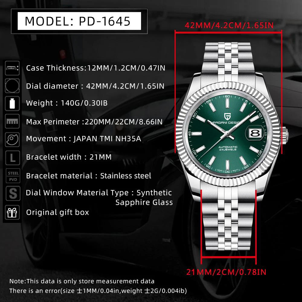 PAGANI DESIGN Relógio Masculino Automático PD-1645 - Pulseira de Aço Inoxidável 40mm