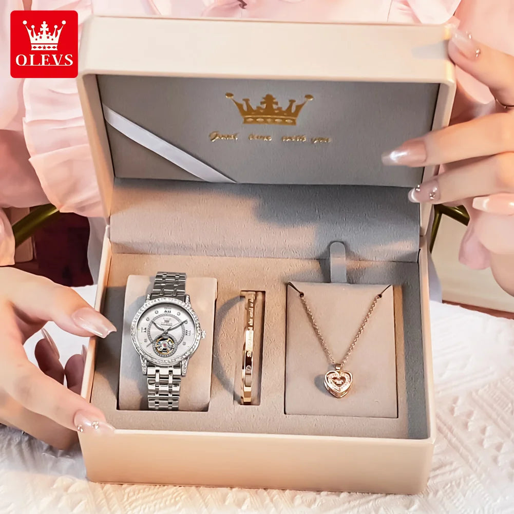 Relógio Feminino OLEVS 7036 Luxo com Diamantes e Esqueleto Mecânico