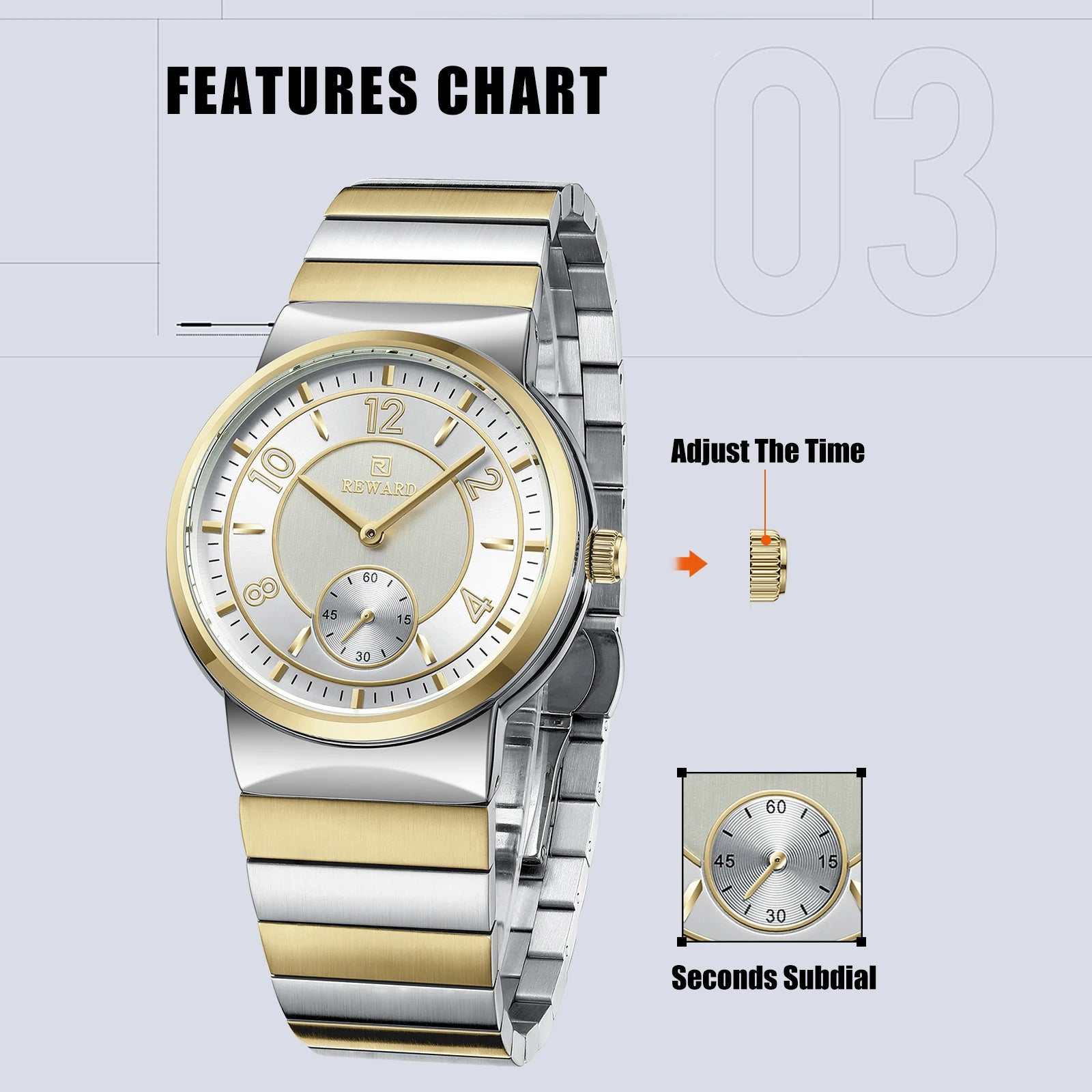 REWARD Relógio Masculino Quartzo RD611514M - Aço Inoxidável Elegante 41mm