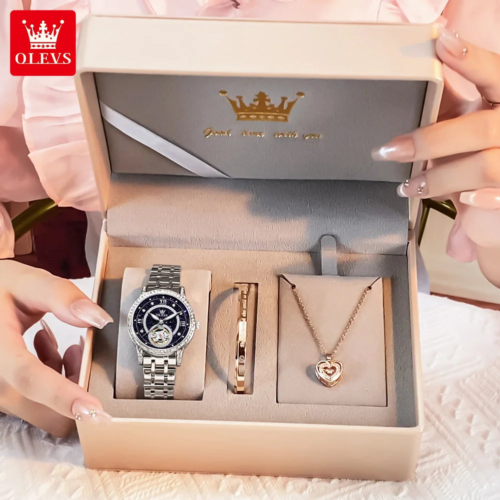 Relógio Feminino OLEVS 7036 Luxo com Diamantes e Esqueleto Mecânico