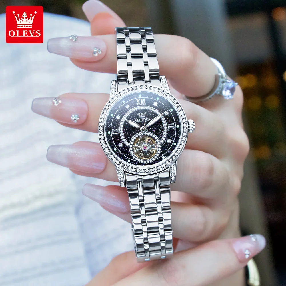 Relógio Feminino OLEVS 7036 Luxo com Diamantes e Esqueleto Mecânico