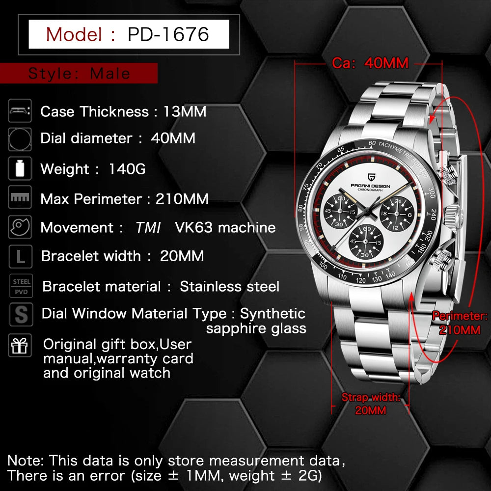 PAGANI DESIGN Relógio Masculino Quartzo PD-1676 - Pulseira de Aço Inoxidável 40mm
