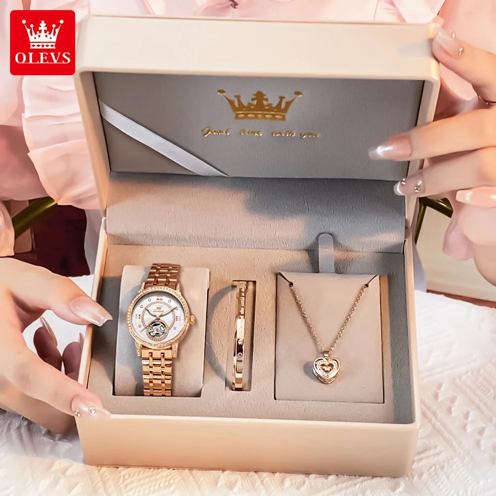 Relógio Feminino OLEVS 7036 Luxo com Diamantes e Esqueleto Mecânico