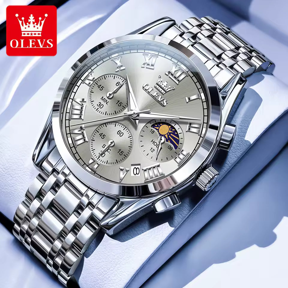 OLEVS Relógio Masculino Original Quartzo à Prova D'água - Aço Inoxidável e Couro 2871 40mm