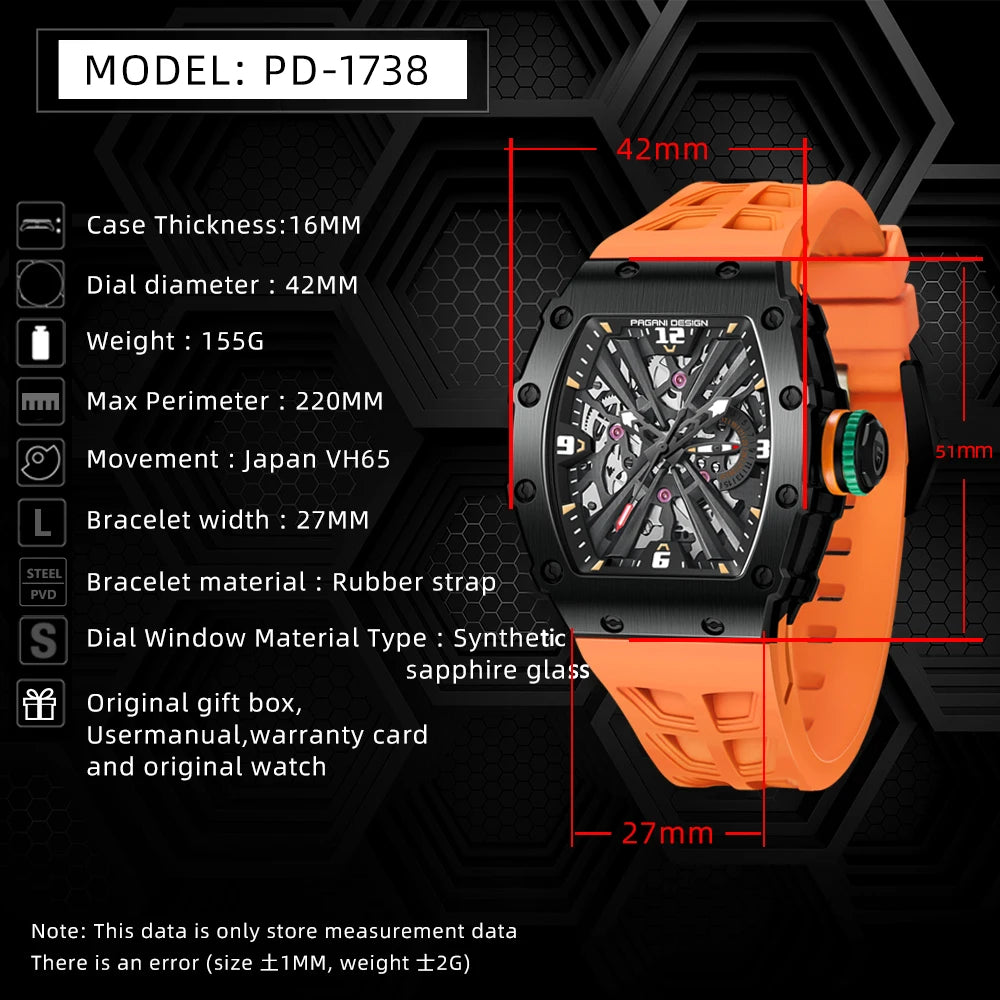 PAGANI DESIGN Relógio Masculino Quartzo PD-1738 - Pulseira de Borracha 42mm