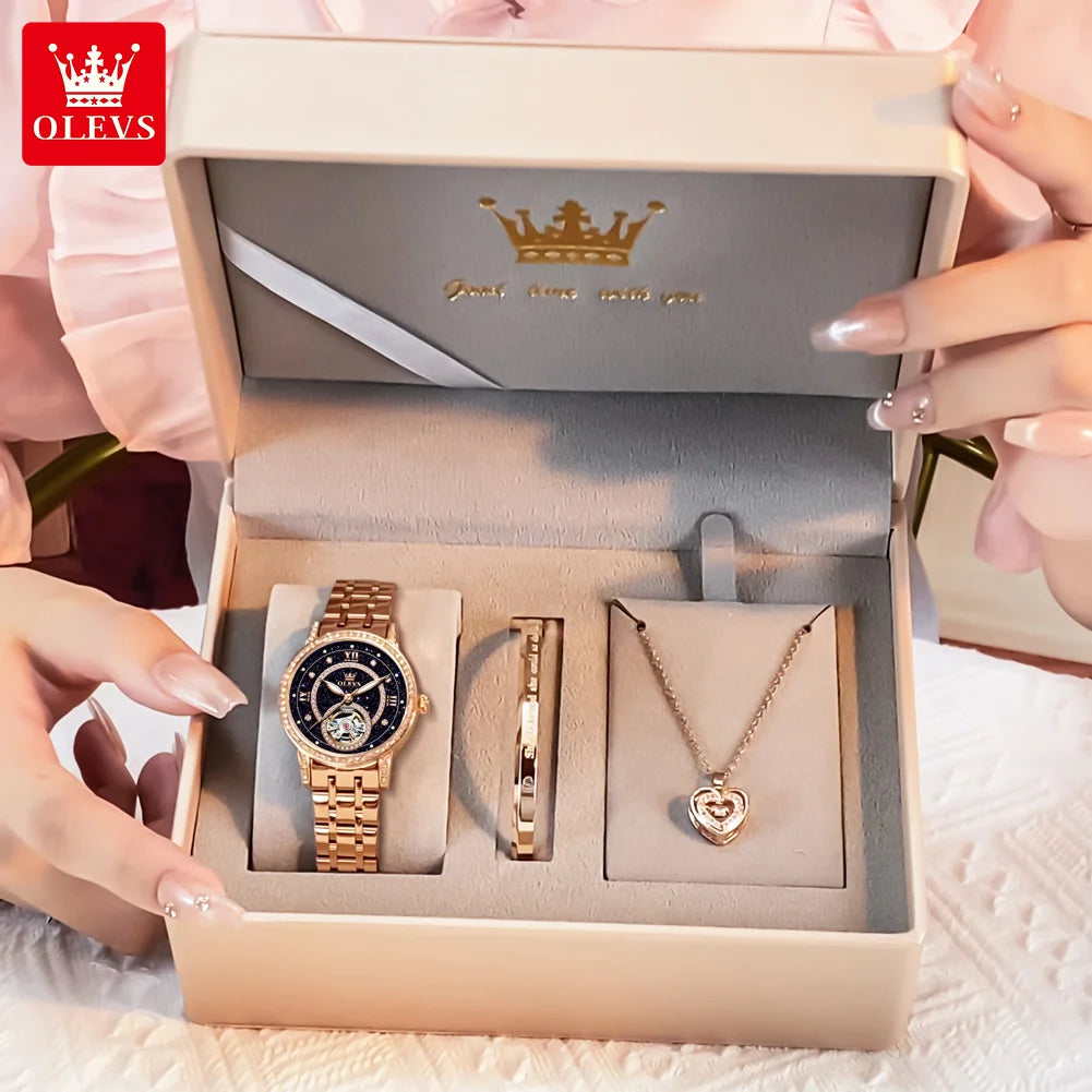 Relógio Feminino OLEVS 7036 Luxo com Diamantes e Esqueleto Mecânico