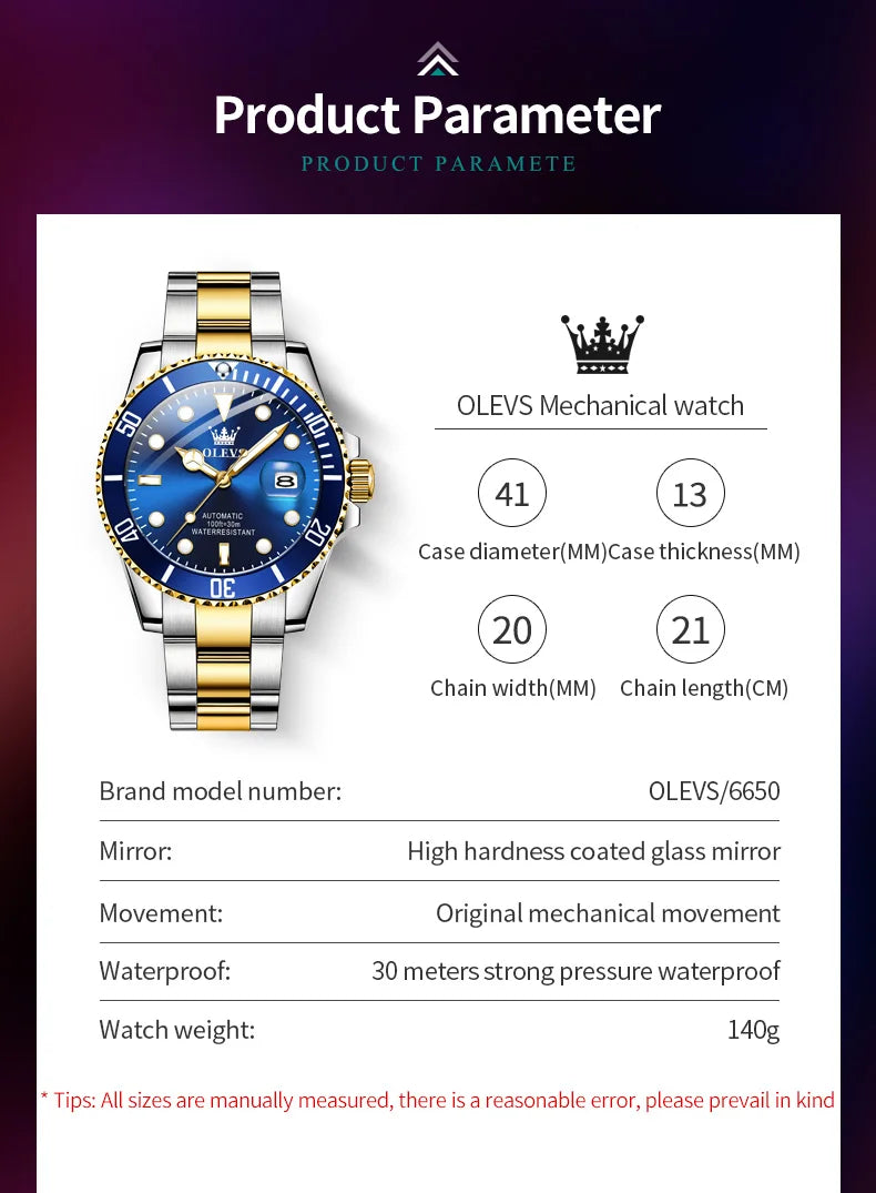 OLEVS Relógio Masculino Automático 6650 - Luxo e Funcionalidade 40-44mm