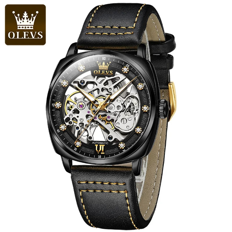 OLEVS Relógio Masculino Original Automático Esqueleto à Prova D'água - Aço Inoxidável Couro 6651 40mm