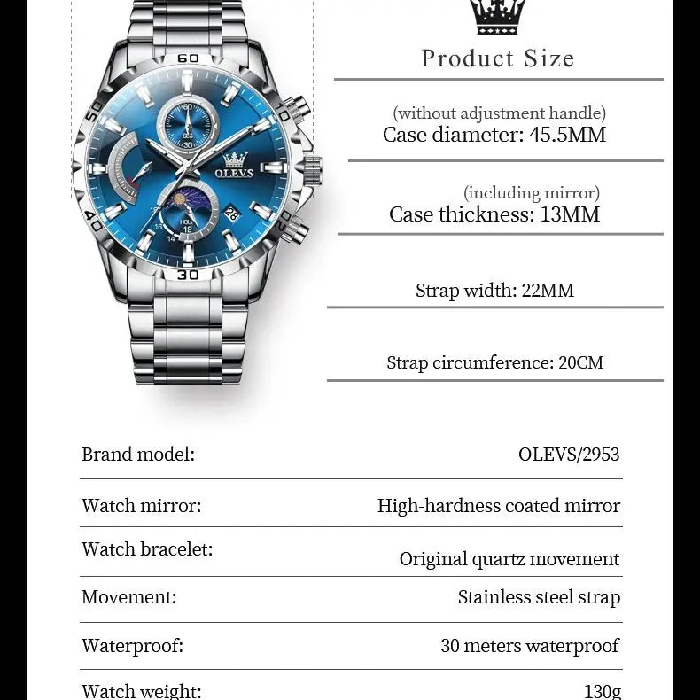 OLEVS Relógio Masculino Quartzo 2953 - Pulseira de Aço Inoxidável 42mm